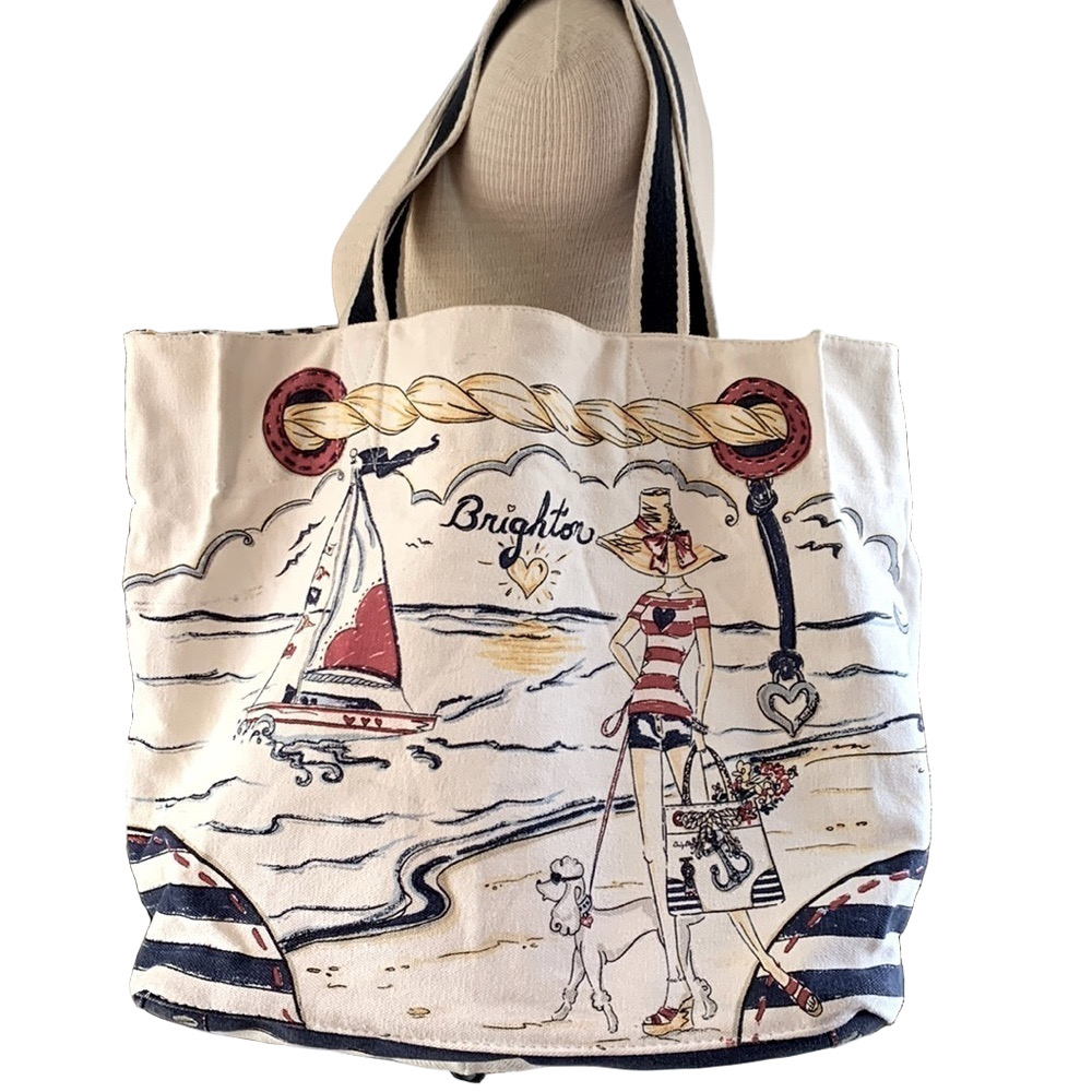 Brighton canvas tote with sailboat and woman with poodle
